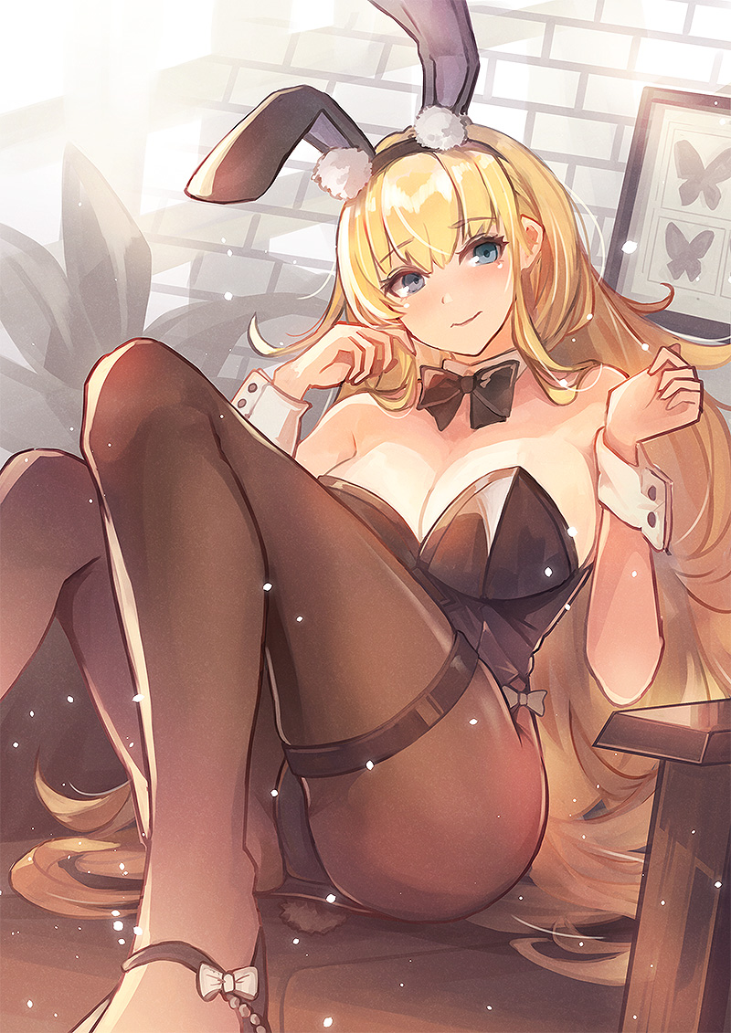 1girl animal_ears ass azur_lane bare_shoulders black_bow black_bowtie black_footwear black_leotard blonde_hair blue_eyes bow bowtie breasts cuff_links detached_collar eyebrows_visible_through_hair fake_animal_ears framed_insect indoors large_breasts legs leotard long_hair north_carolina_(azur_lane) north_carolina_(the_heart's_desire)_(azur_lane) official_alternate_costume pantyhose playboy_bunny rabbit_ears sea_nami solo strapless strapless_leotard very_long_hair wrist_cuffs