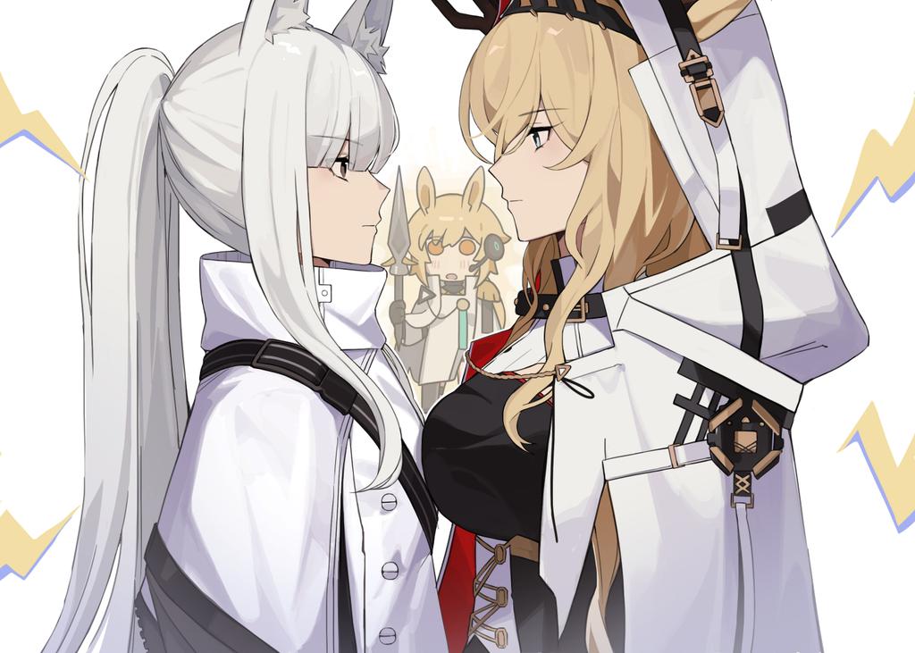 3girls animal_ear_fluff animal_ears arknights blonde_hair breasts cape deer_ears deer_girl ears_through_headwear holding holding_weapon hood hooded_cape horse_ears horse_girl large_breasts multiple_girls nearl_(arknights) nearl_the_radiant_knight_(arknights) platinum_(arknights) polearm ponytail quanx70909457 small_breasts spear upper_body viviana_(arknights) weapon white_cape white_hair