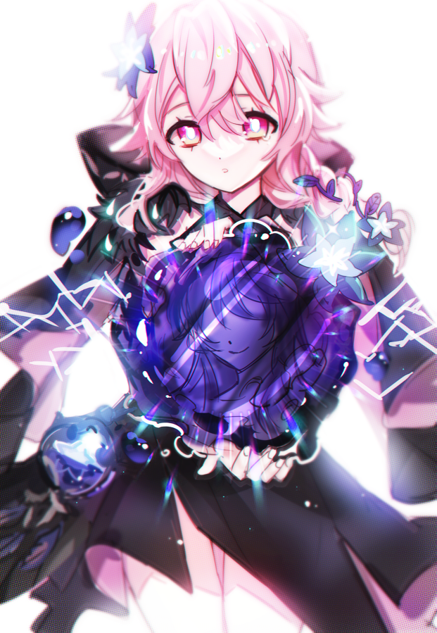 1girl bangs black_dress blue_flower braid daydreamer_(elsword) dress elsword english_commentary faceless flower fractalmagnolia fur_trim hair_between_eyes hair_ornament holding holding_mirror laby_(elsword) long_hair mirror nisha_(elsword) pink_eyes pink_hair simple_background single_braid white_background