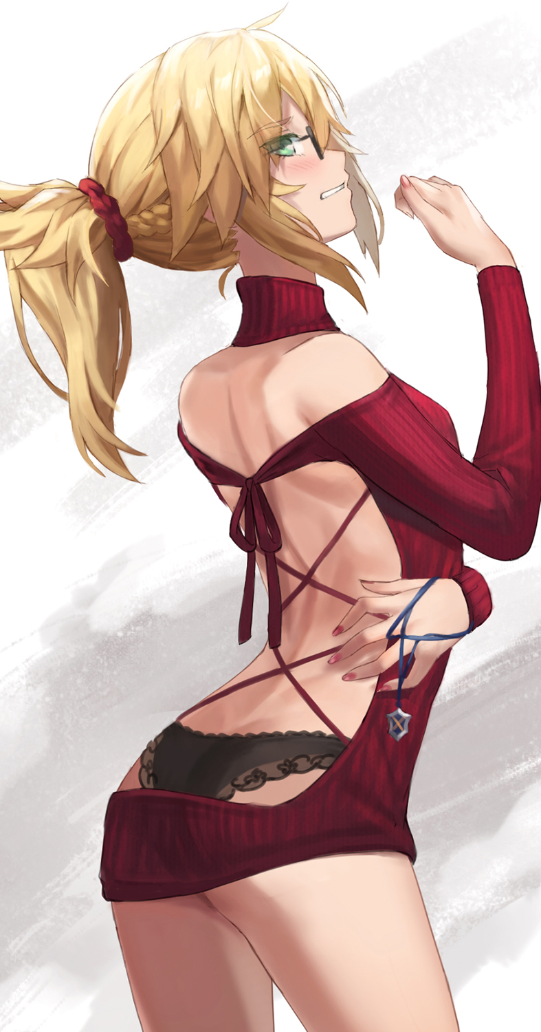 1girl ass back backless_outfit bangs black_panties braid breasts clenched_teeth fate/apocrypha fate_(series) french_braid glasses hair_ornament hair_scrunchie highres jewelry jewelry_removed long_sleeves looking_at_viewer looking_back mordred_(fate) mordred_(fate/apocrypha) necklace necklace_removed panties parted_bangs pendant red_scrunchie red_sweater ribbed_sweater scrunchie small_breasts sweater teeth thighs tonee underwear