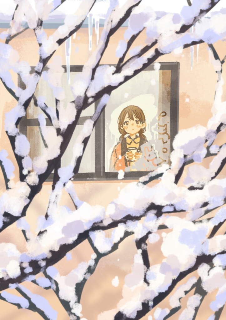 1girl :c backlighting bangs bare_tree blush brown_eyes brown_hair building closed_mouth condensation cup day drawing drink expressionless glass_writing hair_behind_ear hands_up hanten_(clothes) holding holding_cup holding_drink ice icicle indoors japanese_clothes light_brown_eyes long_sleeves looking_at_viewer low_twintails monaka_(siromona) mug no_nose nose_blush original short_hair short_twintails snow solo straight-on tareme tree twintails upper_body wide_sleeves window window_fog wing_collar winter