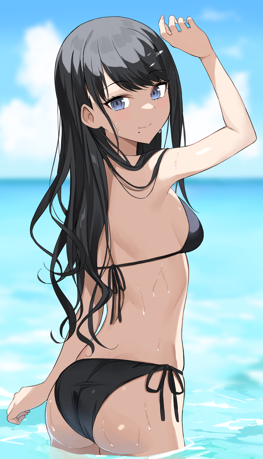 1girl arm_up asato_(fadeless) ass bangs bikini black_bikini black_hair blue_eyes blurry blurry_background breasts closed_mouth clouds commentary_request day highres horizon idolmaster idolmaster_shiny_colors kazano_hiori light_blush long_hair looking_at_viewer looking_back mole mole_under_mouth outdoors shading_eyes side-tie_bikini small_breasts smile solo standing swimsuit wading water wet