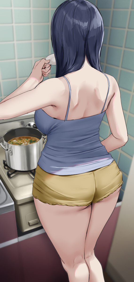1girl ass back bare_arms bare_shoulders blue_hair blue_shirt breasts cooking from_behind highres indoors large_breasts long_hair oekakizuki original plate pot shirt short_shorts shorts sleeveless solo standing stove thighs tile_wall tiles yellow_shorts