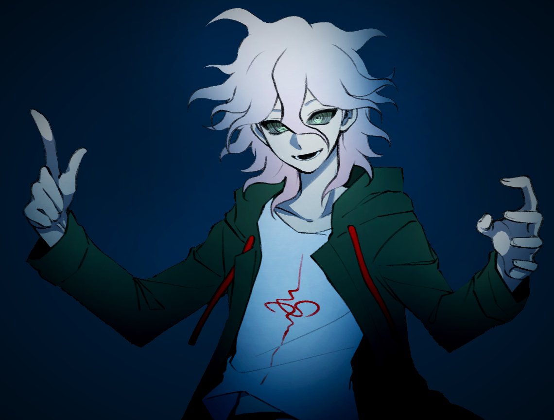 1boy :d bangs blue_background collarbone crazy_eyes danganronpa_(series) danganronpa_2:_goodbye_despair dokudokudoku green_jacket grey_hair hair_between_eyes hands_up hood hood_down index_finger_raised jacket komaeda_nagito long_sleeves lower_teeth male_focus messy_hair open_clothes open_jacket print_shirt shirt short_hair smile solo symbol-only_commentary teeth upper_body white_shirt