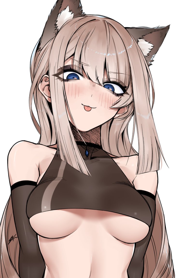 1girl :3 :p animal_ears blue_eyes blush breasts brown_hair cat_ears j.k. long_hair looking_at_viewer medium_breasts original personification simple_background smile solo tongue tongue_out under_boob white_background