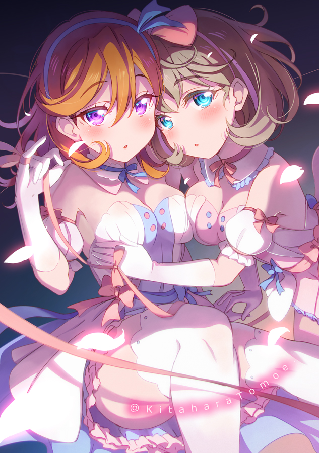 2girls :o adjusting_hair aqua_eyes artist_name bare_shoulders black_background blonde_hair blue_necktie blue_ribbon blush breasts brown_hair commentary_request dress eyebrows_visible_through_hair frilled_dress frills gloves gradient gradient_background green_background hair_ribbon hug kitahara_tomoe_(kitahara_koubou) leaf light_blush looking_at_another looking_at_viewer love_live! love_live!_superstar!! medium_breasts multiple_girls necktie pink_necktie pink_ribbon red_ribbon ribbon shibuya_kanon shiny shiny_clothes shiny_skin simple_background skirt tang_keke thigh-highs two-tone_background violet_eyes white_gloves white_legwear white_skirt yuri zettai_ryouiki