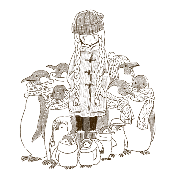 ._. 1girl :| animal baby_penguin beanie bird blush boots braid closed_mouth coat dot_nose duffel_coat emperor_penguin expressionless facing_viewer full_body fur-trimmed_boots fur-trimmed_hood fur_trim greyscale hands_in_pockets hat hood hood_down hooded_coat long_hair long_sleeves looking_away looking_down looking_to_the_side low_twintails monaka_(siromona) monochrome nose_blush original pantyhose penguin pom_pom_(clothes) scarf simple_background standing straight-on twin_braids twintails very_long_hair white_background winter_clothes