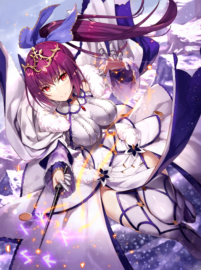 1girl absurdres blue_background blush closed_mouth cowboy_shot dress fate/grand_order fate_(series) gabiran hair_ribbon highres holding holding_wand light_particles long_hair looking_at_viewer multicolored multicolored_background ponytail purple_background purple_dress purple_hair purple_legwear purple_ribbon purple_theme red_eyes ribbon scathach_(fate)_(all) scathach_skadi_(fate/grand_order) sidelocks smile solo standing thigh-highs tiara wand zettai_ryouiki