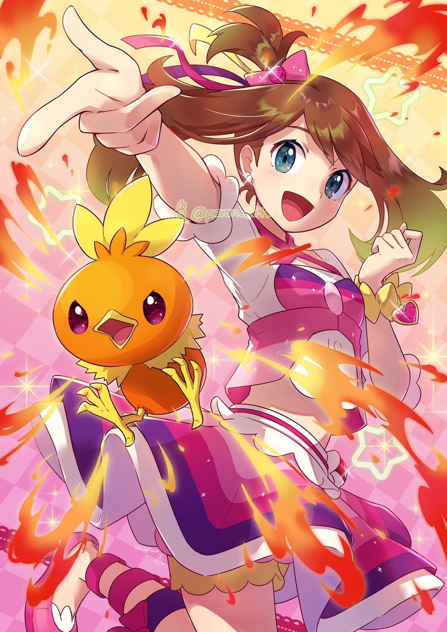 1girl :d bangs blush bracelet brown_hair buttons commentary earrings fire glint green_eyes hair_ribbon highres jewelry leg_up long_hair may_(pokemon) open_mouth outstretched_arm peron_(niki2ki884) pokemon pokemon_(creature) pokemon_(game) pokemon_oras purple_footwear ribbon shiny shiny_hair shirt shoes smile sparkle tongue torchic twitter_username watermark white_shirt
