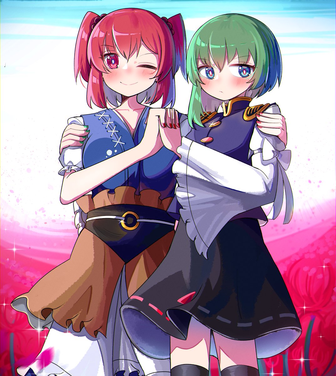 2girls ;) asymmetrical_hair black_skirt black_socks blue_eyes blue_kimono bright_pupils closed_mouth cowboy_shot epaulettes green_hair hand_on_another's_shoulder highres holding_hands japanese_clothes kimono long_sleeves looking_at_viewer multiple_girls one_eye_closed onozuka_komachi red_eyes red_nails redhead ribbon-trimmed_skirt ribbon_trim sash shiki_eiki short_hair short_sleeves skirt smile socks spam_(spamham4506) standing touhou two_side_up white_pupils