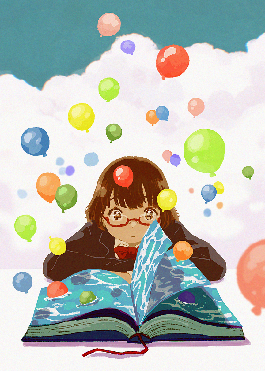 1girl :/ arm_rest backlighting balloon bangs black_jacket blazer blunt_bangs blurry bob_cut book bookmark bow bowtie brown_eyes brown_hair chromatic_aberration closed_mouth clouds colorful crossed_arms depth_of_field dot_nose expressionless glasses highres jacket long_sleeves looking_at_viewer monaka_(siromona) no_lineart open_book original red-framed_eyewear red_bow red_bowtie school_uniform semi-rimless_eyewear short_hair solo straight-on surreal table upper_body