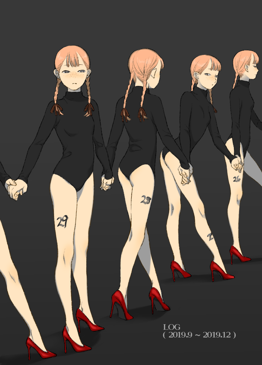 5girls bare_legs blue_eyes braid clone freckles grey_background hair_ribbon high_heels holding_hands leg_tattoo leotard multiple_girls original out_of_frame ribbon shokugyo stiletto_heels tattoo twin_braids walking