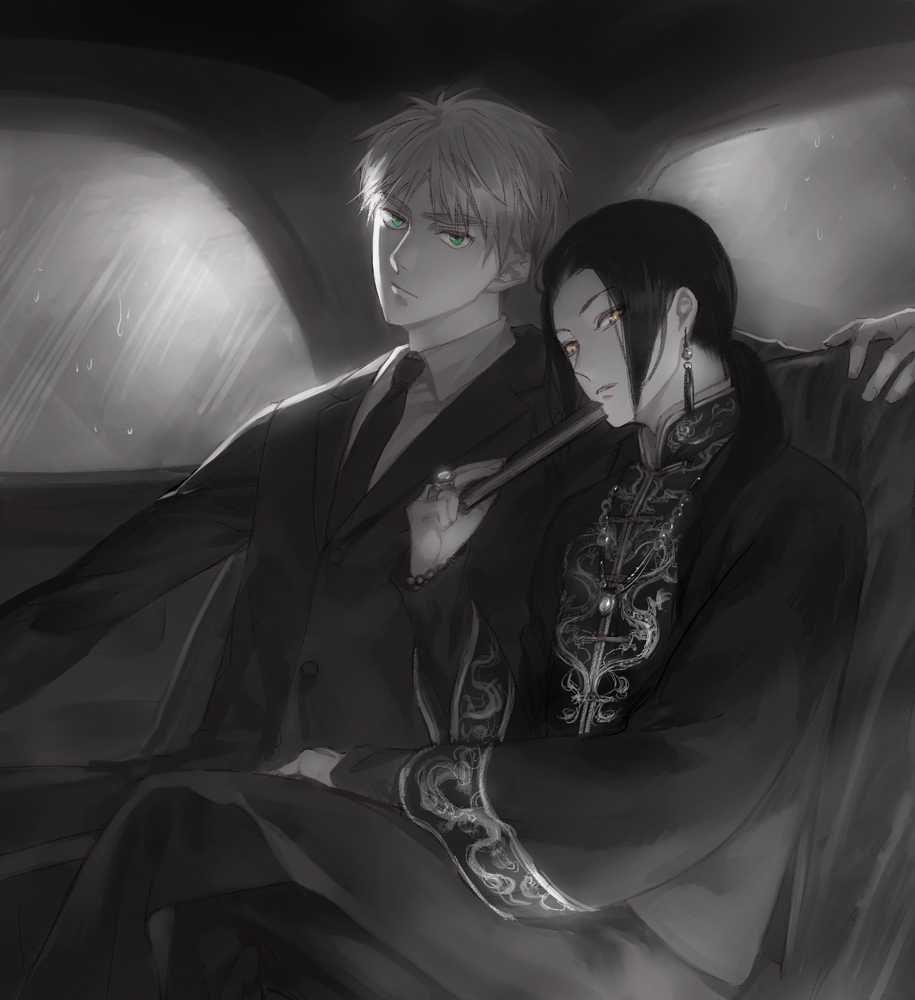2boys axis_powers_hetalia bead_necklace beads car_interior china_(hetalia) chinese_clothes crossed_legs dragon earrings eastern_dragon embroidery feet_out_of_frame formal frown green_eyes greyscale hair_pulled_back hand_on_own_thigh hand_up head_tilt jewelry kanmuri_(hanyifan30338) layered_sleeves long_hair long_sleeves looking_at_viewer low_ponytail male_focus monochrome multiple_boys necklace necktie pearl_(gemstone) ponytail rain ring short_hair side-by-side sitting spot_color suit tassel tassel_earrings toggles united_kingdom_(hetalia) yellow_eyes