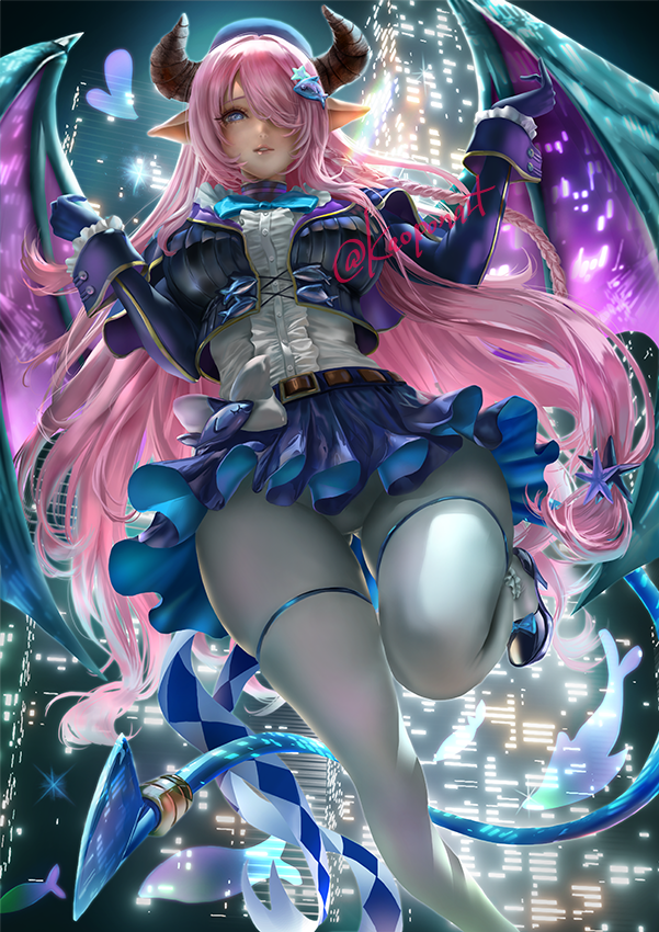1girl ass_visible_through_thighs belt bow bowtie braid building city commission cosplay cropped_jacket demon_girl demon_tail demon_wings draph dress_shirt gloves granblue_fantasy hair_ornament hair_over_one_eye hairclip hat heart high_heels horns kaopon lil-la_(yu-gi-oh!) lil-la_(yu-gi-oh!)_(cosplay) lips long_hair low-tied_long_hair miniskirt narmaya_(granblue_fantasy) night pantyhose parted_lips pink_hair pleated_skirt pointy_ears shirt side_braid skeb_commission skirt skyscraper solo tail thigh_strap thighs twitter_username upskirt very_long_hair white_legwear wings yu-gi-oh!