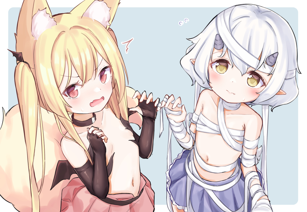 2girls animal_ear_fluff animal_ears bandaged_arm bandaged_chest bandaged_head bandaged_neck bandages bangs bare_shoulders bat_wings black_collar black_gloves blonde_hair blue_background blue_skirt border character_request claw_pose closed_mouth collar collarbone commentary_request coneko_(slvk12) copyright_request cowboy_shot elbow_gloves eyebrows_visible_through_hair fang fang_out fingerless_gloves flat_chest flying_sweatdrops gloves halloween hand_up hands_up horns long_hair looking_at_viewer medium_hair multiple_girls navel open_mouth pleated_skirt red_eyes red_skirt simple_background skin_fang skirt small_horns stomach tail twintails v-shaped_eyebrows white_border white_hair wings yellow_eyes