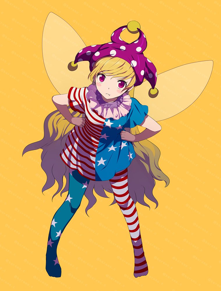 1girl :t american_flag_dress american_flag_legwear arm_up bangs banned_artist blonde_hair blush clownpiece commentary_request dress eyebrows_visible_through_hair eyelashes fairy_wings full_body hands_on_hips harano hat jester_cap long_hair looking_at_viewer moon neck_ruff open_mouth pantyhose pink_headwear polka_dot pout short_dress short_sleeves simple_background smile solo standing star-shaped_pupils star_(symbol) star_print striped symbol-shaped_pupils touhou very_long_hair violet_eyes wings yellow_background