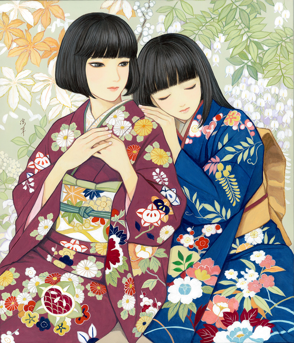 2girls bangs black_eyes black_hair blunt_bangs bob_cut closed_eyes couple floral_background hand_on_another's_shoulder hands_on_own_chest hime_cut japanese_clothes kimono leaning_on_person long_hair looking_at_another multiple_girls nadeshiko_rin original short_hair smile traditional_media yuri