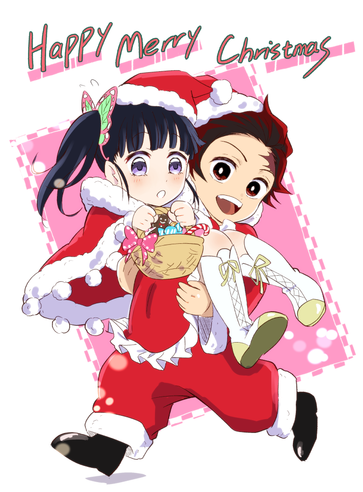 1boy 1girl basket candy carrying christmas commentary_request food gloves hat holding holding_basket kamado_tanjirou kimetsu_no_yaiba lifted_by_another merry_christmas picnic_basket red_gloves san_mon santa_costume santa_hat scar scar_on_face smile teeth tsuyuri_kanao