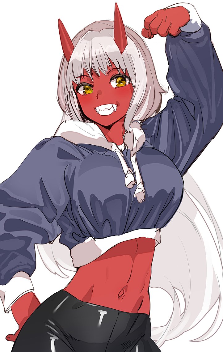 1girl blush bow_(bhp) clenched_hand colored_skin cropped_hoodie fangs flexing hand_on_hip hood hoodie horns leggings long_hair long_sleeves looking_at_viewer midriff navel oni oni_horns original pose red_skin sharp_teeth smile solo teeth toned white_background white_hair yellow_eyes