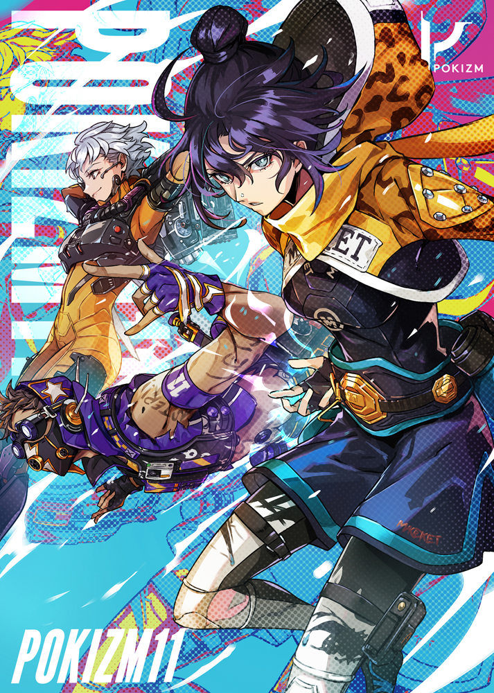 1boy 2girls apex_legends bangs belt black_bodysuit blue_shorts bodysuit comiket_99 cover cover_page cropped_vest doujin_cover falling floating_hair goggles hair_bun headset looking_at_viewer mask mouth_mask multiple_girls octane_(apex_legends) orange_bodysuit parted_lips pokimari purple_hair purple_headwear purple_vest ringside_wraith short_hair shorts shrug_(clothing) silver_hair smile valkyrie_(apex_legends) vest wraith_(apex_legends)