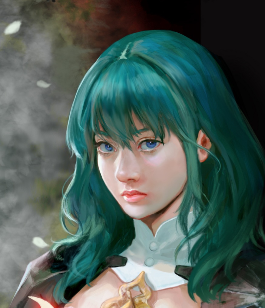 1girl blue_eyes byleth_(fire_emblem) byleth_eisner_(female) closed_mouth detached_collar fire_emblem fire_emblem:_three_houses green_hair portrait simple_background solo sword sword_of_the_creator vijoux weapon