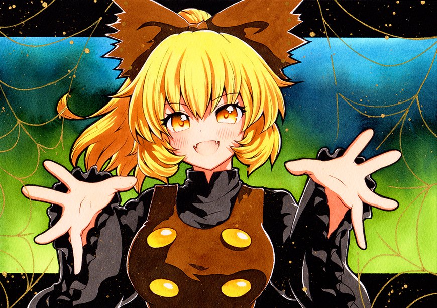 1girl :d bangs blonde_hair blue_background bow breasts brown_bow eyebrows_visible_through_hair fang gradient gradient_background green_background hair_bow kurodani_yamame long_sleeves looking_at_viewer multicolored_background open_mouth ponytail qqqrinkappp short_hair silk skin_fang smile solo spider_web touhou traditional_media upper_body yellow_eyes