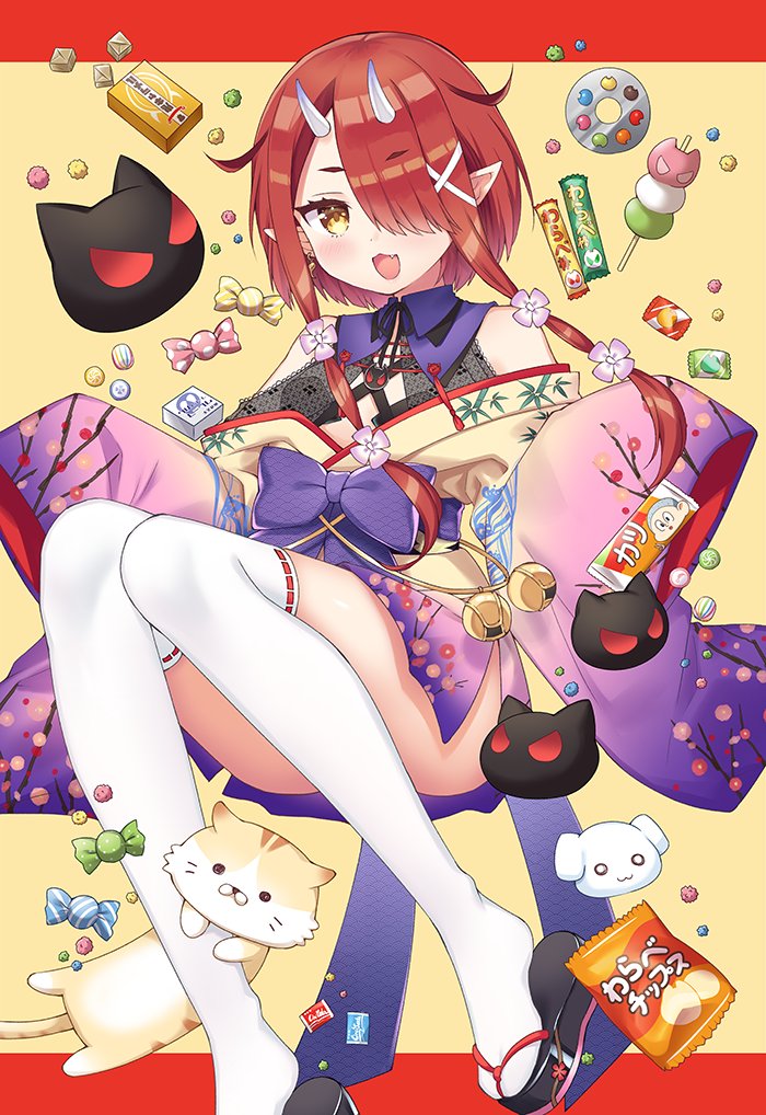 1girl bare_shoulders candy cat chips dango floral_print flower food hair_flower hair_ornament hoozuki_warabe horns japanese_clothes kimono noripro okobo oni_horns open_mouth pointy_ears potato_chips redhead smile solo tabi tsukudani_norio two-tone_background wagashi yellow_eyes