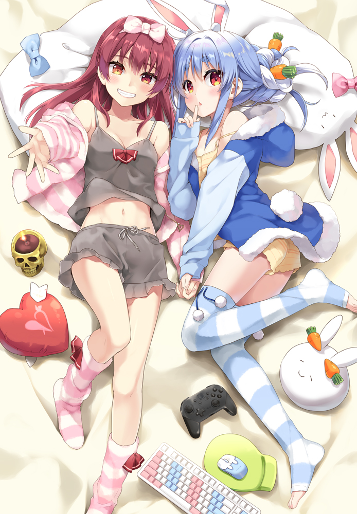 2girls animal_ear_fluff animal_ears bangs blue_hair blue_jacket blush bow_hairband braid braided_bun breasts camisole carrot_hair_ornament commentary_request controller eretto eyebrows_visible_through_hair finger_to_mouth food-themed_hair_ornament game_controller grey_shorts grin hair_ornament hairband heterochromia hololive hood hooded_jacket houshou_marine jacket keyboard_(computer) kneehighs long_hair long_sleeves looking_at_viewer lying medium_breasts midriff mouse_(computer) multicolored_hair multiple_girls navel nousagi_(usada_pekora) off_shoulder on_back on_bed on_side open_clothes open_jacket orange_eyes parted_lips rabbit_ears red_eyes short_shorts shorts shushing smile striped striped_jacket striped_legwear thigh-highs toeless_legwear two-tone_hair usada_pekora virtual_youtuber white_hair
