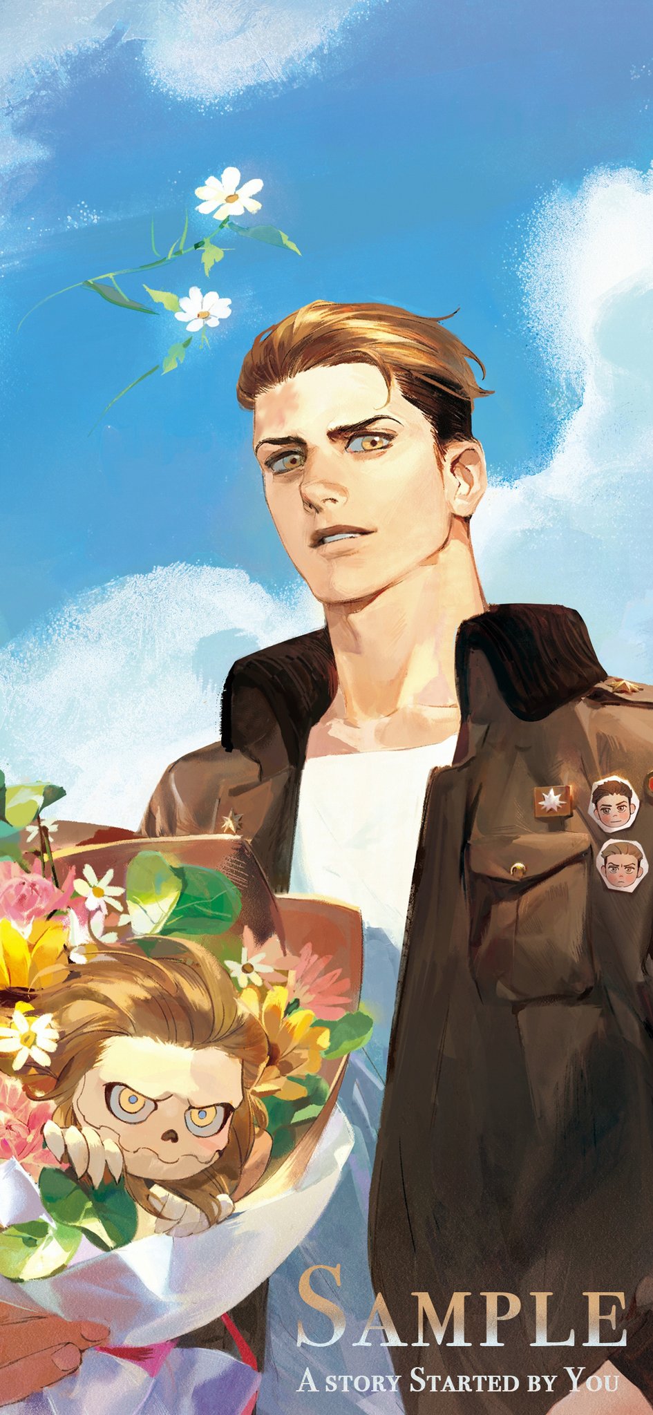 1boy bouquet brown_eyes brown_jacket chibi flower highres holding holding_bouquet jacket jaw_titan leather leather_jacket looking_at_viewer male_focus maple12031 marcel_galliard multicolored_hair orange_hair porco_galliard sample shingeki_no_kyojin shirt sky solo_focus spoilers two-tone_hair upper_body white_flower white_shirt