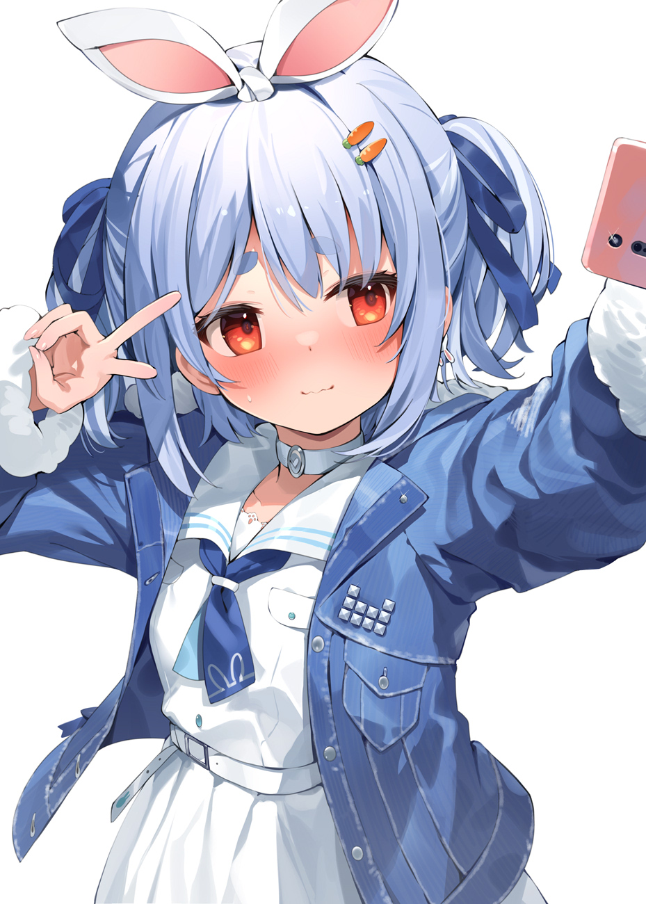 1girl bangs belt blue_hair blue_jacket blue_neckerchief blue_ribbon blush carrot_hair_ornament cellphone closed_mouth commentary_request dress eyebrows_visible_through_hair food-themed_hair_ornament hair_ornament hair_ribbon hana_mori hands_up highres hololive jacket looking_at_phone neckerchief official_alternate_costume open_clothes open_jacket phone red_eyes ribbon sailor_collar selfie short_eyebrows short_hair simple_background smartphone solo thick_eyebrows two_side_up upper_body usada_pekora v virtual_youtuber white_background white_belt white_dress white_sailor_collar
