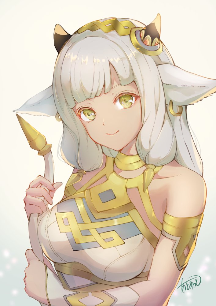 1girl animal_ears armlet ash_(fire_emblem) atoatto bare_shoulders black_horns breasts closed_mouth collarbone commentary_request cow_ears cow_girl cow_horns cow_tail dark-skinned_female dark_skin dress fire_emblem fire_emblem_heroes gold_trim holding holding_tail horns jewelry large_breasts long_hair looking_at_viewer signature sleeveless sleeveless_dress smile solo tail upper_body white_dress white_hair yellow_eyes