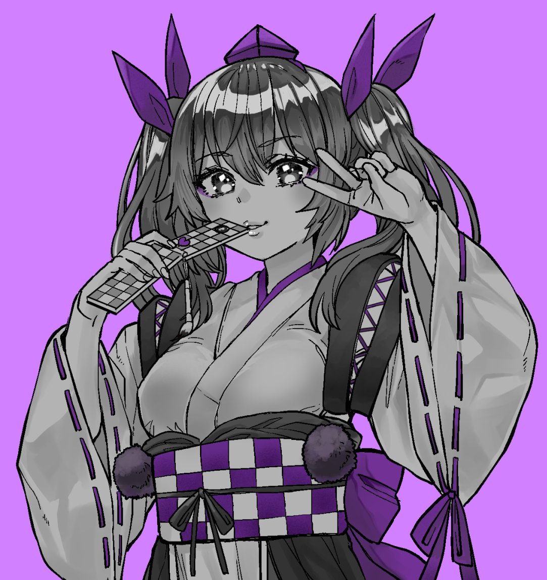 1girl alternate_costume bangs bow breasts cellphone checkered_clothes detached_sleeves eyeshadow greyscale hair_bow hat himekaidou_hatate japanese_clothes kimono kourindou_tengu_costume lips long_hair looking_at_viewer makeup medium_breasts monochrome natsushiro obi phone pom_pom_(clothes) purple_background purple_bow purple_eyeshadow purple_headwear purple_ribbon ribbon sash simple_background smile solo spot_color tokin_hat touhou twintails v wide_sleeves