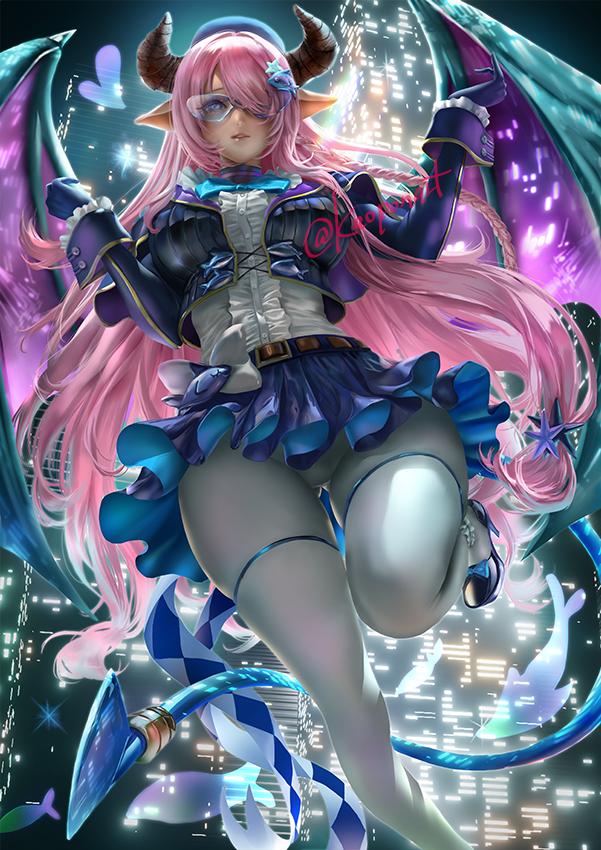 1girl ass_visible_through_thighs belt bow bowtie braid building city commission cosplay cropped_jacket demon_girl demon_tail demon_wings draph dress_shirt gloves granblue_fantasy hair_ornament hair_over_one_eye hairclip hat heart high_heels horns kaopon lil-la_(yu-gi-oh!) lil-la_(yu-gi-oh!)_(cosplay) lips long_hair low-tied_long_hair miniskirt narmaya_(granblue_fantasy) night pantyhose parted_lips pink_hair pleated_skirt pointy_ears shirt side_braid skeb_commission skirt skyscraper solo sunglasses tail thigh_strap thighs twitter_username upskirt very_long_hair white_legwear wings yu-gi-oh!