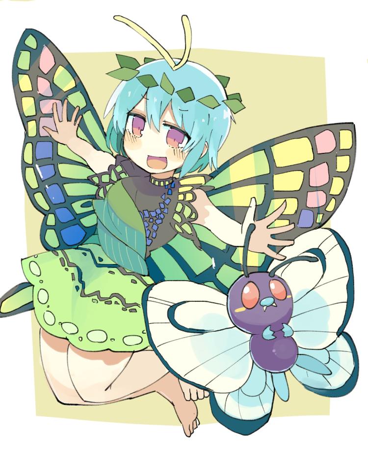 1girl antennae aqua_hair bare_legs barefoot baron_(x5qgeh) blush brown_eyes butterfly_wings butterfree crossover dress eternity_larva fairy green_dress leaf leaf_on_head multicolored_clothes multicolored_dress open_mouth pokemon short_hair short_sleeves single_strap smile touhou wings