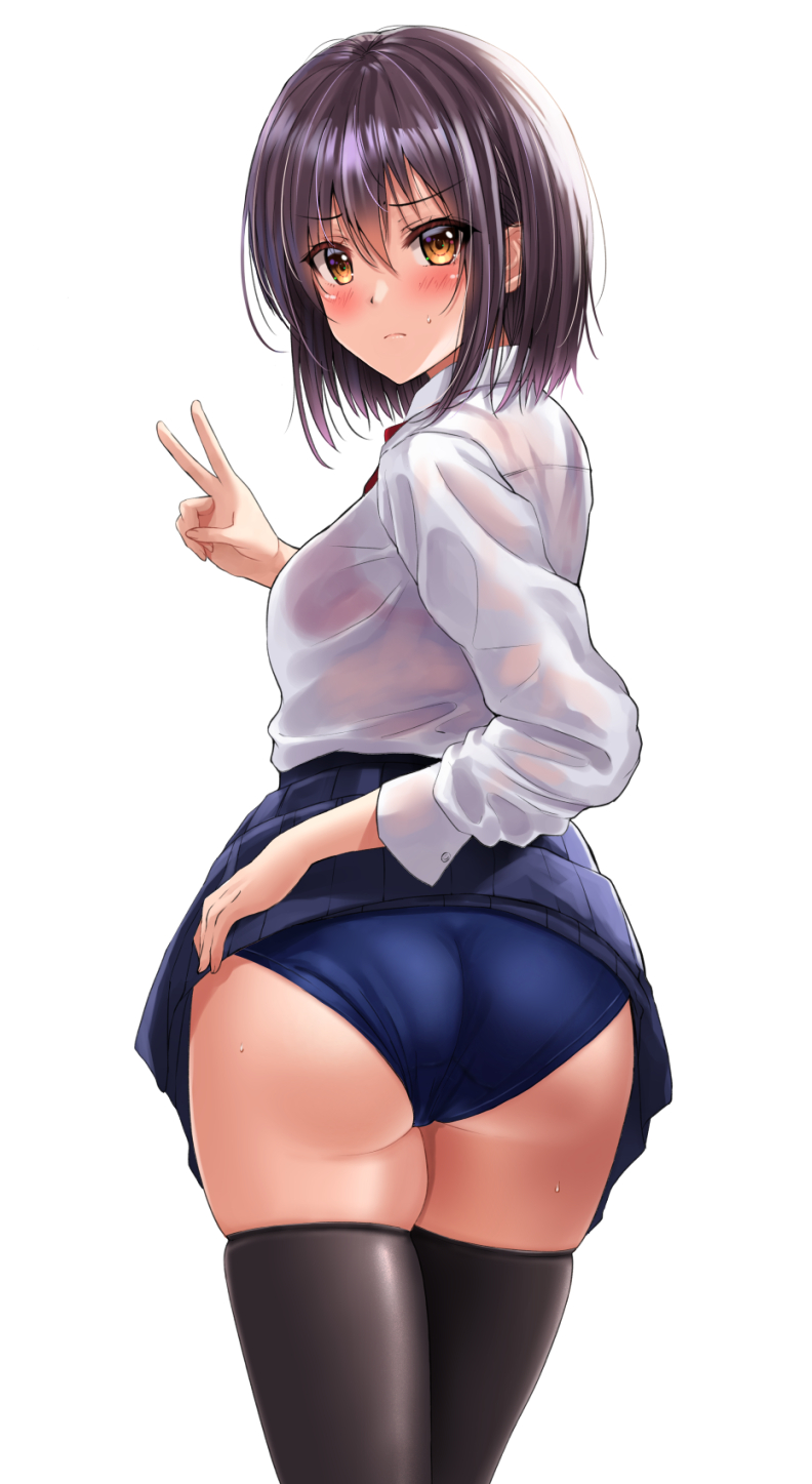 1girl ass bangs black_legwear blue_buruma blue_skirt blush bra bra_visible_through_clothes brown_eyes brown_hair buruma buruma_under_skirt closed_mouth clothes_lift collared_shirt commentary_request frown hair_between_eyes highres long_sleeves looking_at_viewer looking_to_the_side original pleated_skirt red_bra school_uniform shirt simple_background skirt skirt_lift solo standing thigh-highs underwear uniform v white_background white_shirt yukemuriganmo