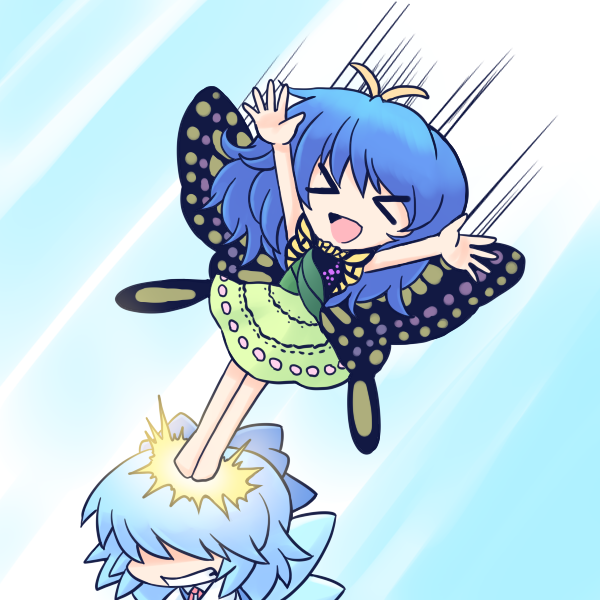&gt;_&lt; 216 2girls antennae aqua_hair blue_bow blue_hair bow butterfly_wings cirno clenched_teeth collared_shirt dress eternity_larva fairy green_dress hair_bow ice ice_wings medium_hair multicolored_clothes multicolored_dress multiple_girls open_mouth shirt short_hair short_sleeves single_strap smile speed_lines teeth touhou white_shirt wings