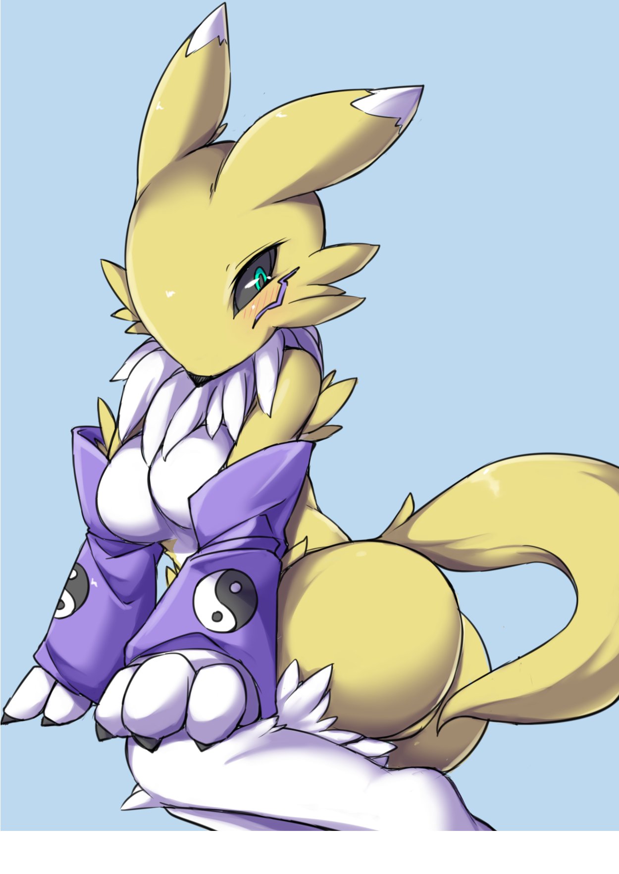 1girl animal_ears animal_nose black_sclera blue_eyes body_fur breasts colored_sclera digimon digimon_(creature) digimon_tamers fox_ears fox_tail fun_bo furry furry_female highres long_hair looking_at_viewer renamon simple_background snout solo tail white_fur yellow_fur