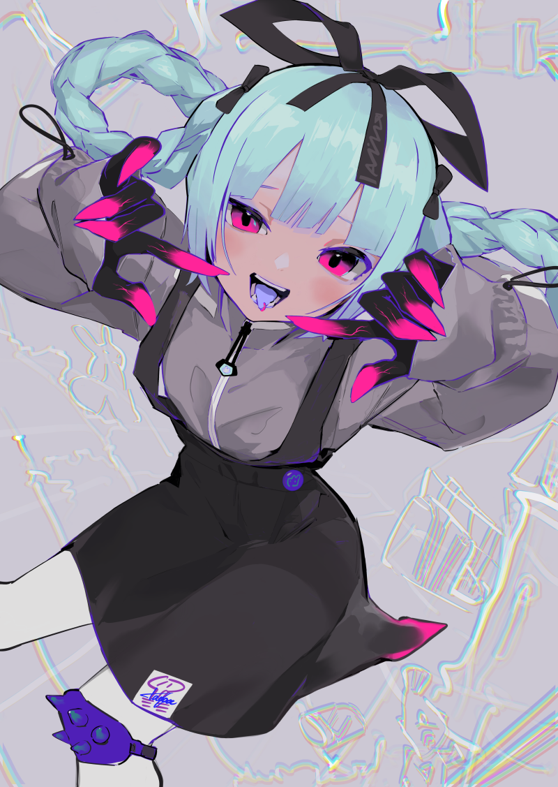 1girl abstract_background black_bow black_ribbon black_skin blood blood_from_mouth blue_hair blush bow buttons chromatic_aberration colored_skin daydremec fingernails hair_bow knee_pads light_blue_hair long_fingernails long_hair open_mouth original pink_eyes pink_skin rabbit ribbon single_knee_pad sleeves_past_wrists solo spiked_kneepads spikes teeth tongue turtleneck veins