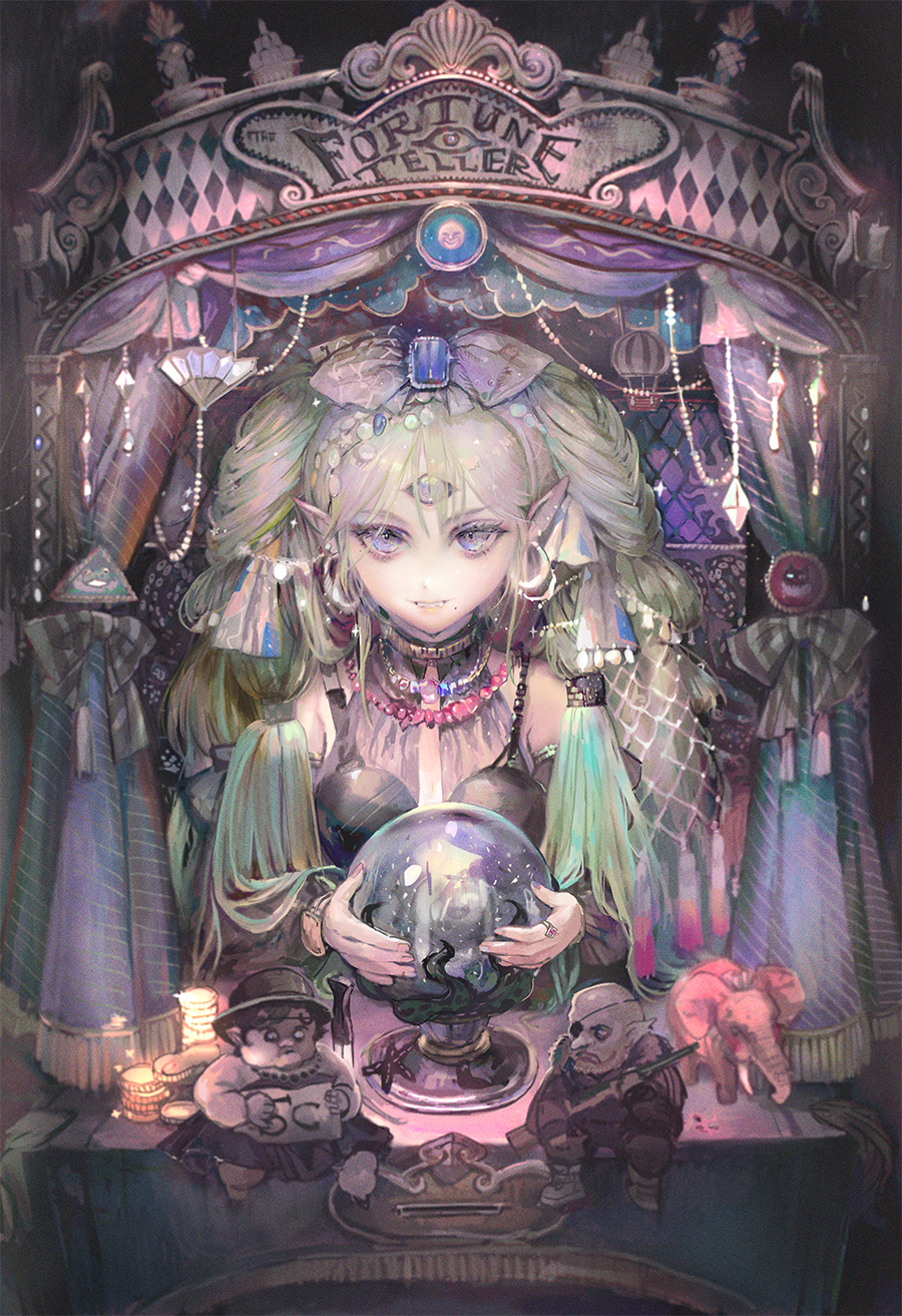 1girl blue_eyes bow braid coin crystal_ball curtains detached_sleeves earrings fangs green_hair grin hair_bow highres jewelry long_hair looking_at_viewer mole mole_under_mouth multicolored_eyes necklace original ornament pointy_ears ring sign smile table third_eye tomatika twin_braids twintails
