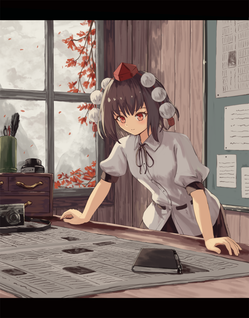 autumn_leaves black_ribbon black_skirt board branch brown_hair bunbunmaru camera clouds collared_shirt drawer hat highres indoors ink ink_bottle light_blush mountain newspaper notebook ookashippo paper pen pom_pom_(clothes) puffy_short_sleeves puffy_sleeves quill red_eyes ribbon shameimaru_aya shirt short_hair short_sleeves skirt smile table tokin_hat touhou white_shirt window wooden_wall