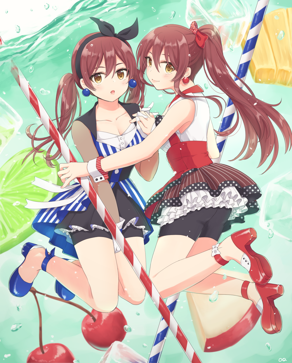 2girls absurdres black_hairband blue_dress blue_footwear bow brown_hair cherry commentary_request dress earrings food frilled_dress frills fruit gloves hair_bow hairband high_heels high_ponytail highres ice ice_cube idolmaster idolmaster_shiny_colors jewelry lime_slice long_hair looking_at_viewer miniskirt multiple_girls oosaki_amana oosaki_tenka oq orange orange_slice red_bow red_dress red_footwear red_nails short_dress siblings sisters skirt sleeveless sleeveless_dress twins twintails white_gloves wrist_cuffs yellow_eyes