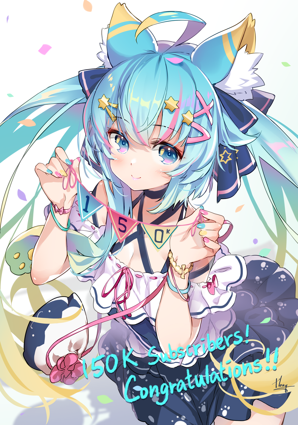 1girl ahoge animal_ear_fluff animal_ears aqua_hair aqua_nails black_skirt blonde_hair blue_eyes bracelet cat_ears closed_mouth congratulations highres hong_(white_spider) indie_virtual_youtuber jewelry lanmewko long_hair looking_at_viewer multicolored_hair multicolored_nails nail_polish pink_nails simple_background skirt solo twintails virtual_youtuber white_background yellow_nails