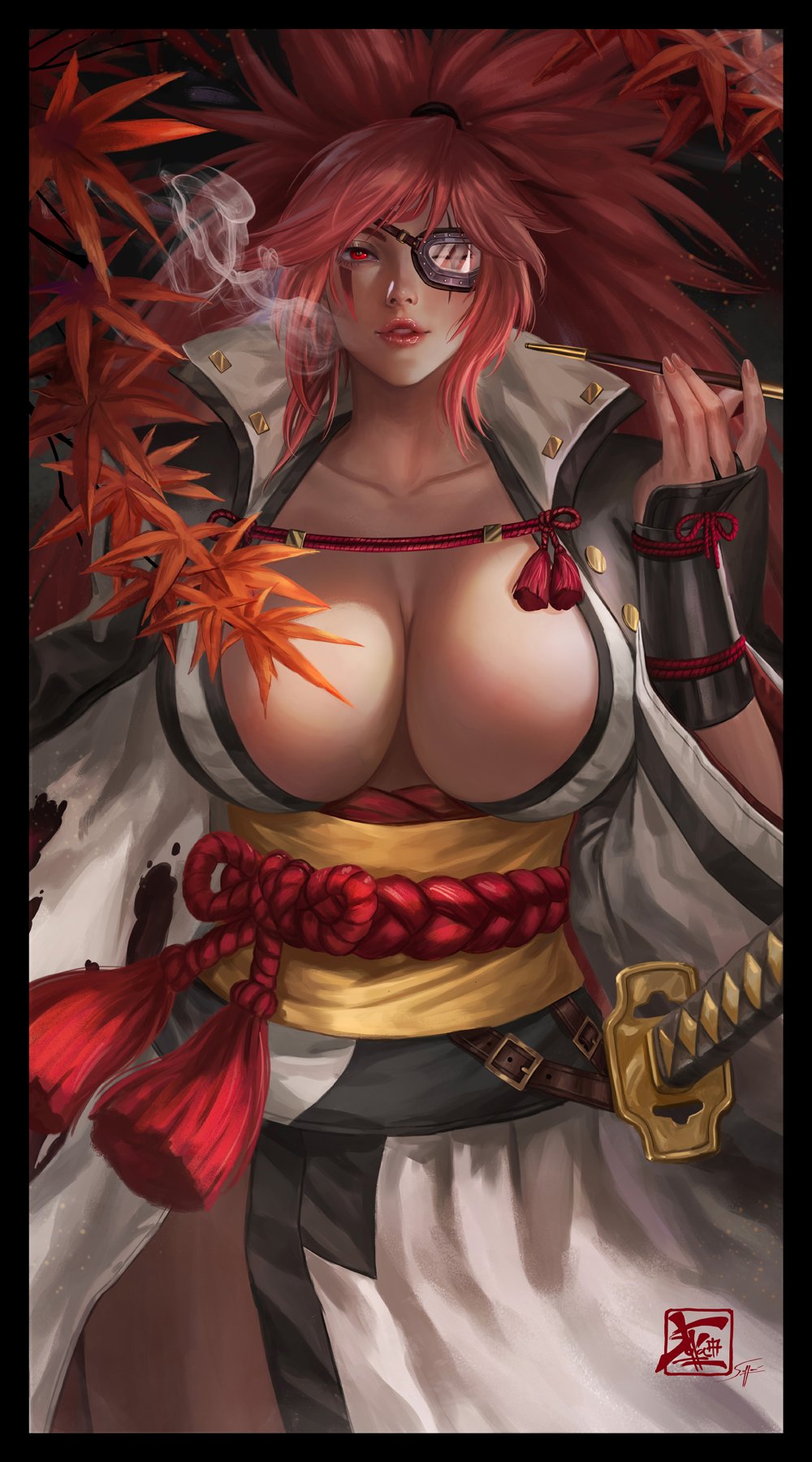 1girl baiken big_hair black_jacket black_kimono breasts eyepatch facial_tattoo guilty_gear highres jacket jacket_on_shoulders japanese_clothes kimono large_breasts multicolored_clothes multicolored_kimono obi one-eyed open_clothes open_kimono pink_hair pipe ponytail red_eyes samurai sash scar scar_across_eye scar_on_face smoke soffa tattoo white_kimono