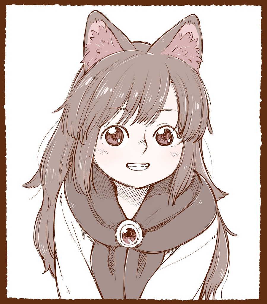 1girl animal_ear_fluff animal_ears black_scarf border brooch brown_border brown_hair commentary_request grin imaizumi_kagerou jewelry long_hair long_sleeves looking_at_viewer poronegi red_eyes scarf simple_background smile solo touhou upper_body white_background wolf_ears younger