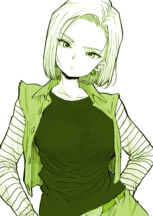 1girl android_18 breasts collarbone denim dragon_ball dragon_ball_z earrings eyebrows_visible_through_hair head_tilt jacket jewelry large_breasts long_sleeves looking_at_viewer monochrome ponsuke_(pon00000) shirt short_hair simple_background skirt solo