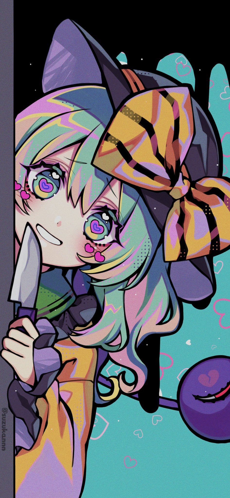 1girl aqua_eyes bangs black_headwear blouse blue_background blush bow commentary_request dripping eyeball frilled_sleeves frills furrowed_brow grin hat hat_bow hat_ribbon heart heart-shaped_pupils heart_background highres holding holding_knife knife komeiji_koishi kyouda_suzuka light_green_hair medium_hair multicolored_eyes nail_polish peeking pink_nails ribbon shirt smile solo standing striped striped_bow symbol-shaped_pupils teeth third_eye touhou twitter_username wide_sleeves yellow_blouse yellow_bow yellow_ribbon yellow_shirt