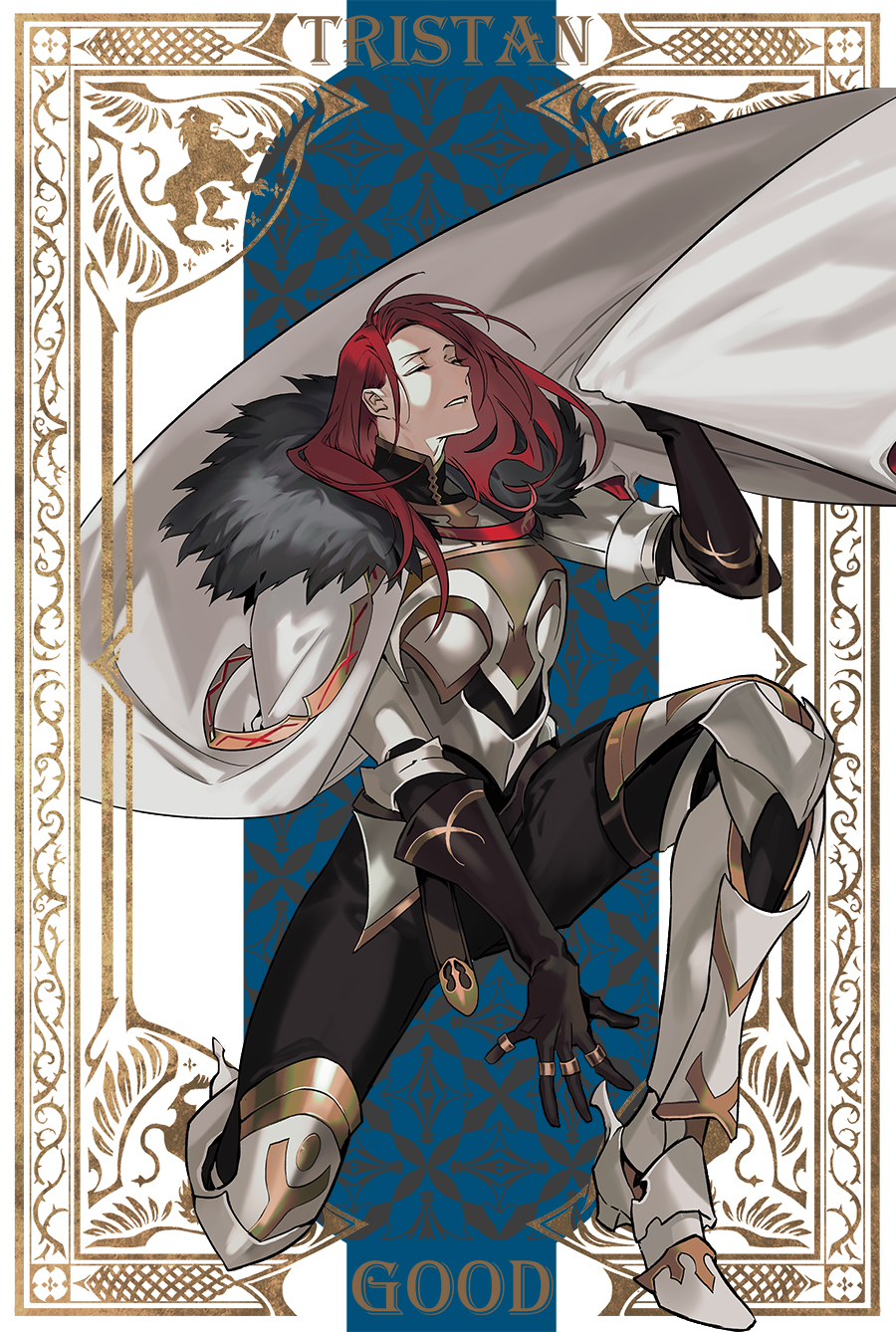 1boy armor cape closed_eyes fate/grand_order fate_(series) fur_trim gloves highres kneeling knights_of_the_round_table_(fate) long_hair male_focus one_knee open_mouth redhead smile solo tobi0728 tristan_(fate) white_cape