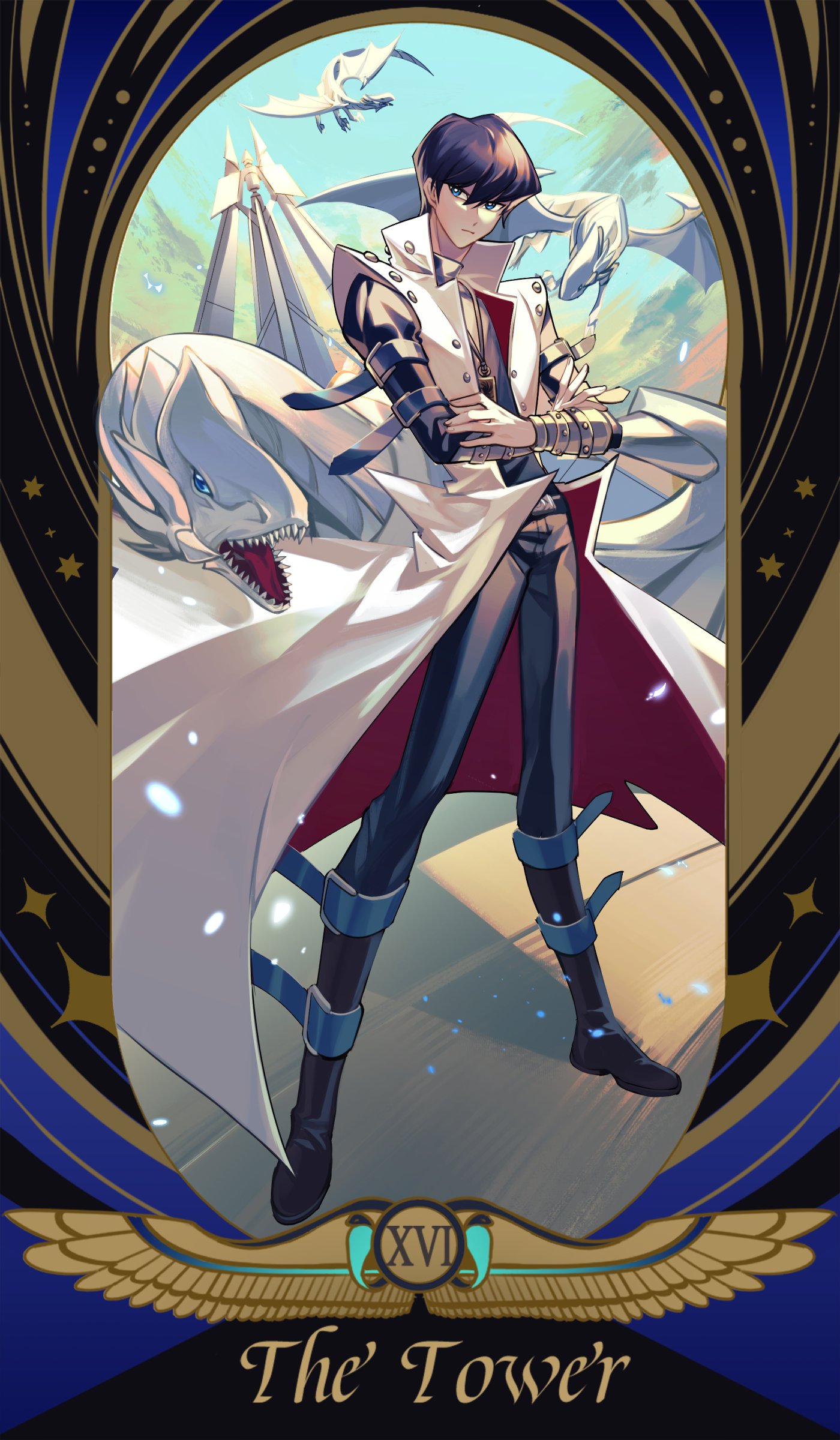 1boy absurdres arm_belt blue-eyes_white_dragon border brown_hair coat collared_coat crossed_arms dragon duel_monster english_text expressionless full_body hair_between_eyes highres jewelry kaiba_seto leg_belt looking_at_viewer male_focus necklace open_clothes open_coat roman_numeral short_hair solo_focus ssbaby tarot the_tower_(tarot) yu-gi-oh!
