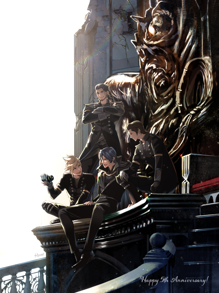 4boys anniversary beard black_hair blonde_hair brown_hair cape commentary english_commentary facial_hair final_fantasy final_fantasy_xv formal gladiolus_amicitia gloves hinoe_(dd_works) ignis_scientia kingsglaive_garb looking_at_another male_focus multiple_boys noctis_lucis_caelum prompto_argentum revision sitting smile spiky_hair stairs standing statue