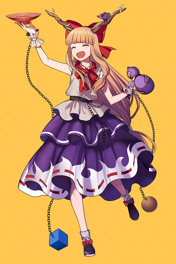 1girl ^_^ alcohol arm_up bangs banned_artist belt blue_ribbon blue_skirt blush bow breasts brown_background brown_belt brown_footwear chain closed_eyes commentary_request cup fang footwear_bow full_body gourd hair_bow happy harano holding holding_cup horn_bow horn_ornament horn_ribbon horns ibuki_suika long_hair mary_janes oni oni_horns open_mouth orange_hair red_bow red_eyes red_neckwear ribbon ribbon-trimmed_skirt ribbon_trim sakazuki sake shirt shoes simple_background skirt sleeveless sleeveless_shirt small_breasts smile socks solo staff standing torn_clothes torn_sleeves touhou white_legwear white_shirt wrist_cuffs yellow_background
